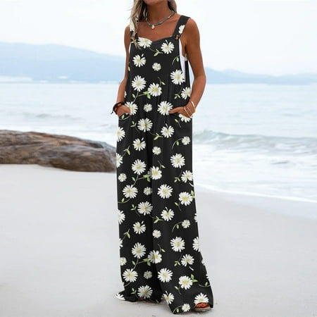 

Voncos Womens Jumpsuits and Rompers Clearance- Wide-Leg Fashion Casual Printed Pockets Button Overalls Playsuit White 4