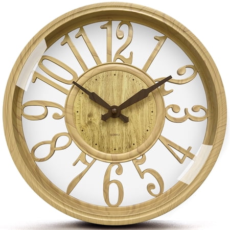 SANMADROLA Wall Clocks Battery Operated 12 Inch Silent Non Ticking Vintage Faux Wood Grain Cutout Decorative Clock for Home Decor Living Room Garden Farmhouse Office Kitchen Decoration