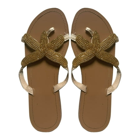 

Jsezml Womens Bohemian Beach Slippers Starfish Pearls Flat Sandals Casual Thong Sandals Summer Beaded Flip-Flop Sandal