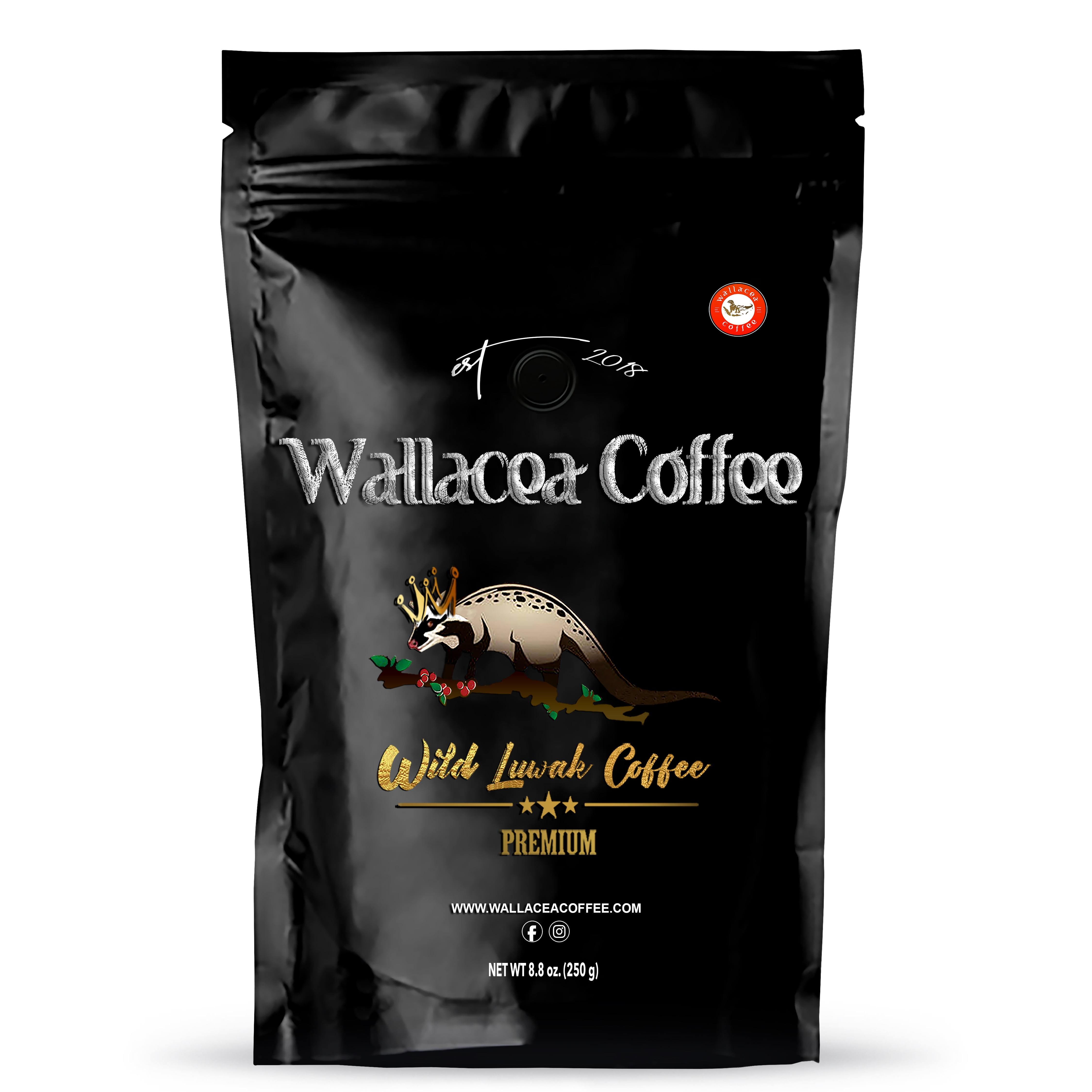 Wallacea Certified Wild Kopi Luwak Coffee Beans - 8.8 Oz, Gayo Sumatra Indonesia, 100% Wild Civet Cat Coffee