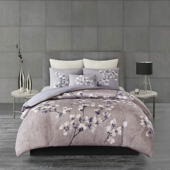 N Natori Sakura Blossom 3 Piece Cotton Sateen Printed Duvet Cover Set Lilac King