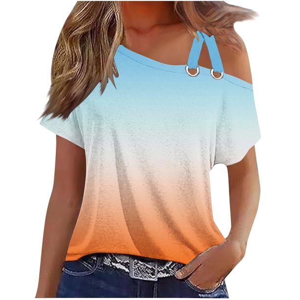 Tops de Ajuste Suelto para las Mujeres Moda Impresa Doble Suspensión Manga Corta Top Suelto, Blusa Casual Ligera