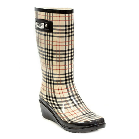 Women Checkers Plaid Rubber Rain Boots, Wedge Heel Design w/ Cotton