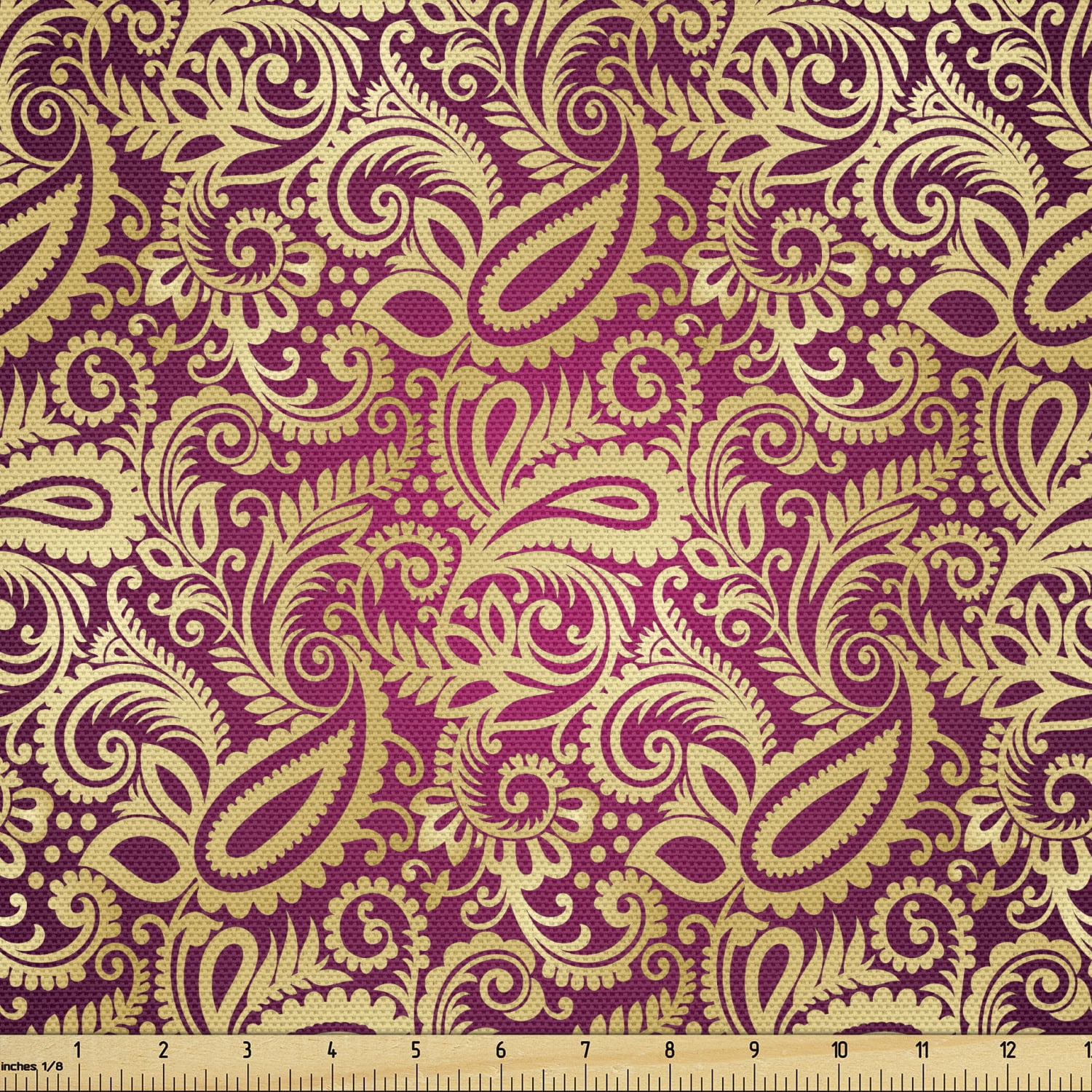 Yellow Damask Fabric by the Yard, Eastern Oriental Style HandDrawn