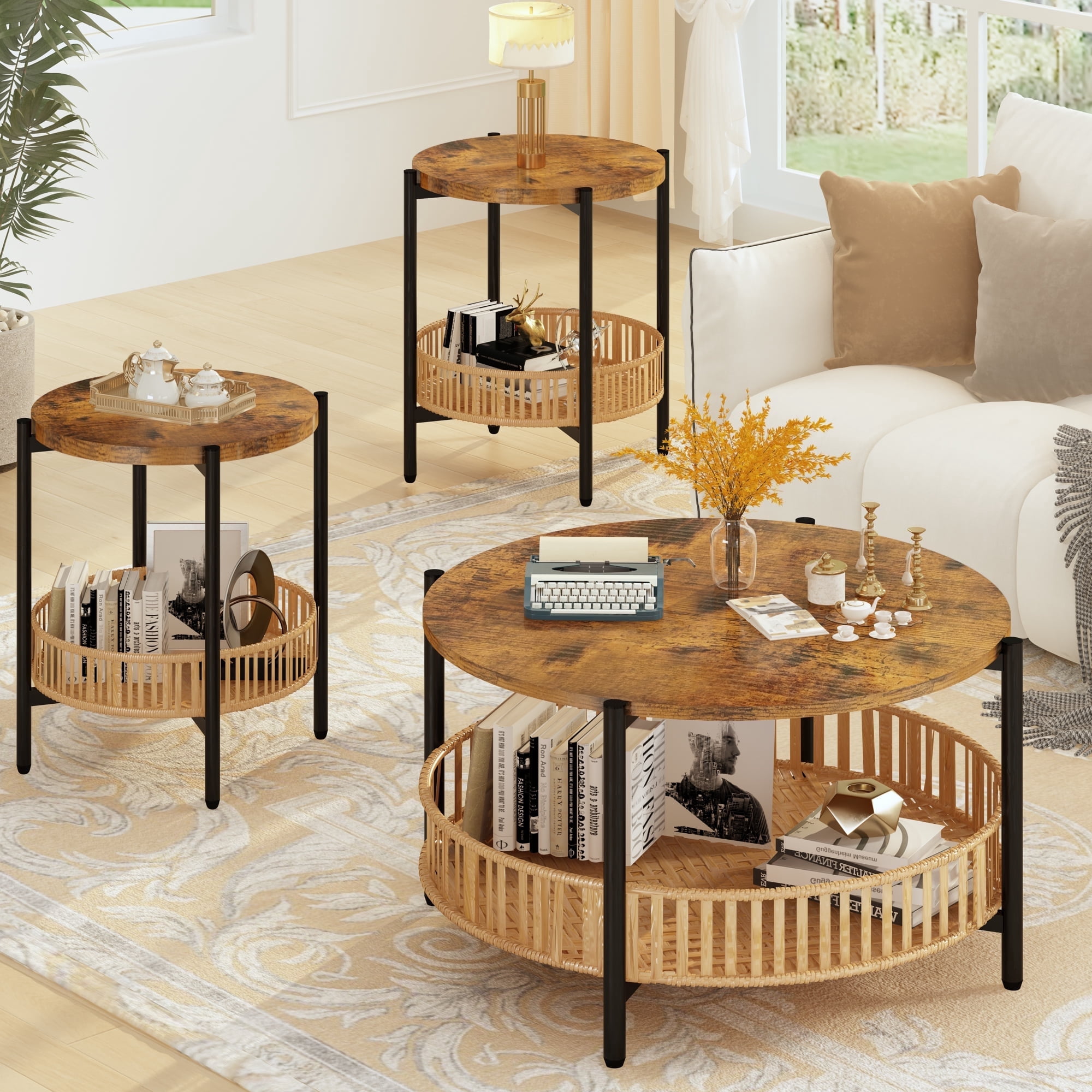 AWQM 3-Piece Round Coffee Table Set with Rattan Storage, Rustic Brown Wood & Woven Side Tables, Space-Saving Living Room Furniture with Natural Boho Style