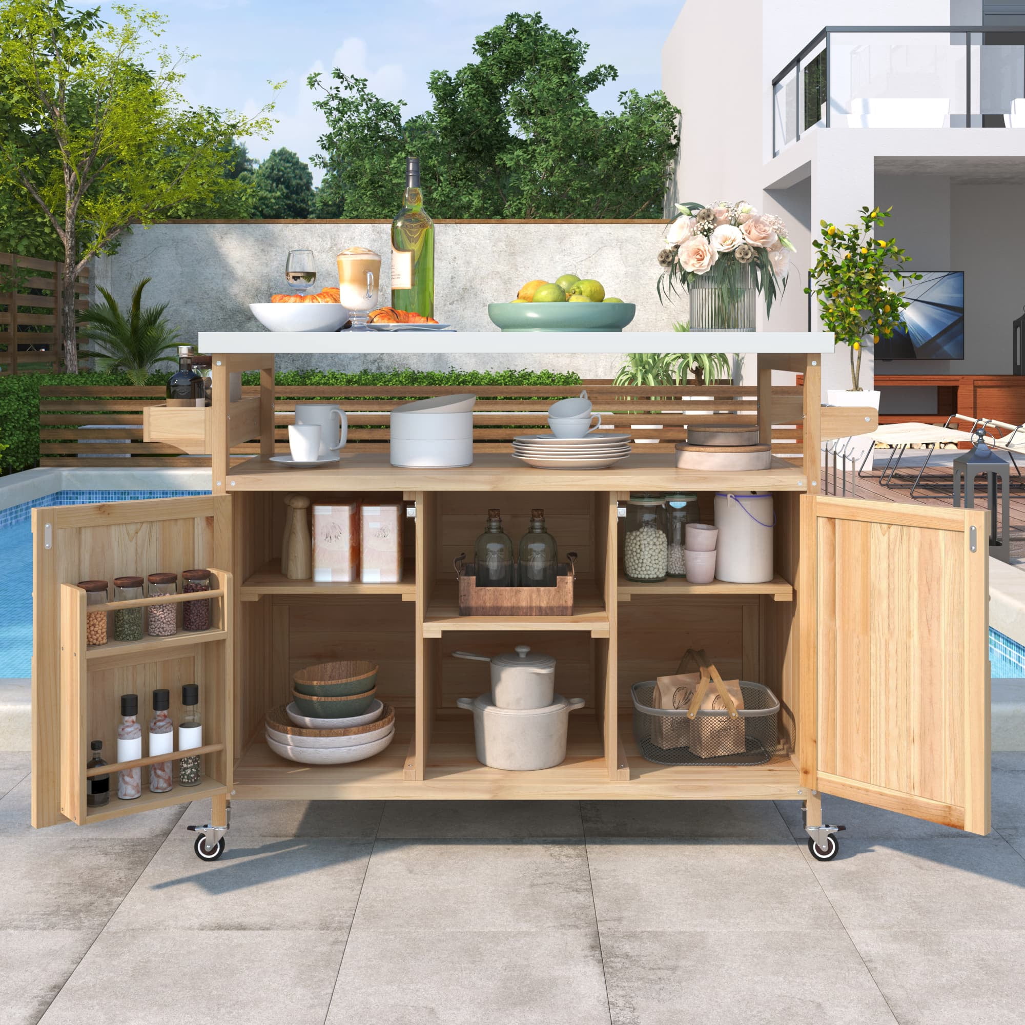 MAYEERTY Outdoor Kitchen Island - Solid Wood Grill Table, Stainless Steel Top, Natural