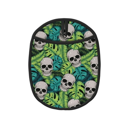 

Pofeuu Skull and Palm Leaves Print Silicone Pot Mat Mitten With Hanging Loop Heat Resistant Oven Mitts Non-Slip Bbq Baking Smoking Potholders