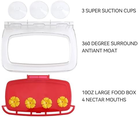 2 Pack Window Hummingbird Feeder with Strong Suction Cup, Plastic Hummingbird Feeders for Outdoors, Built-in Moat,Easy to Clean and Refil (10oz) (2, Red)