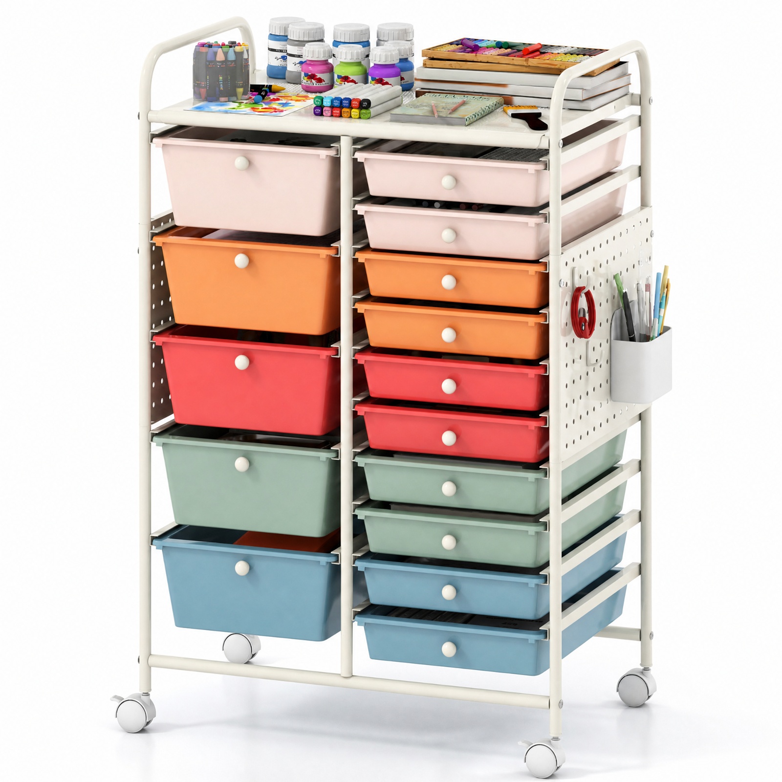Furnibear 15 Drawer Rolling Storage Cart with Metal Tabletop Pegboard and Locking Wheels for Kitchen Office and Classroom Organizing, Macaron