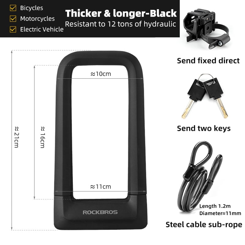 ROCKBROS U Bicycle Locks,Black Silicone Rubber,Key Lock - 22.5mm Thick Steel with 1.2M Cable