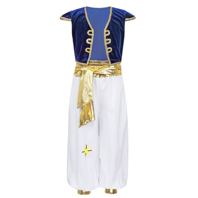 Mufeng Enfants Princesse Arabe Rats de Rue Déguisement Gilet en Velours avec Pantalon Sarouel de Danse Bleu Royal 6