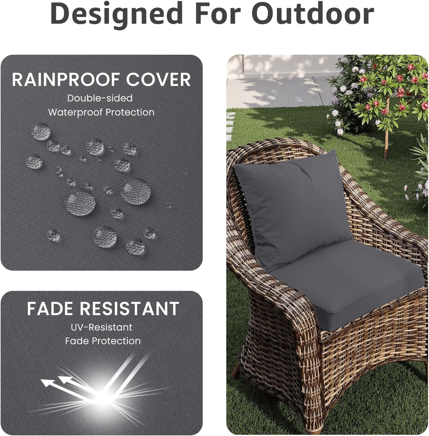 Outdoor Seat Cushion Set 22 x 24 x 4 Inch, Waterproof & Fade Resistant Patio Furniture Cushions with Removable Cover and Ties, Thick Deep Seating Pads for Outside Chair Sofa Couch, Grey