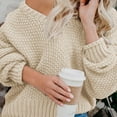 thumbnail image 2 of VISALY V Neck Pullover Sweater Ribbed Long Sleeve Tops Long Batwing Sleeve Sweaters Chunky Cable Knit Pullover Fashion Knitwear Solid Oversized Sweatshirt Tunic Sweatshirt Comfy Sweatshirt Beige L, 2 of 5