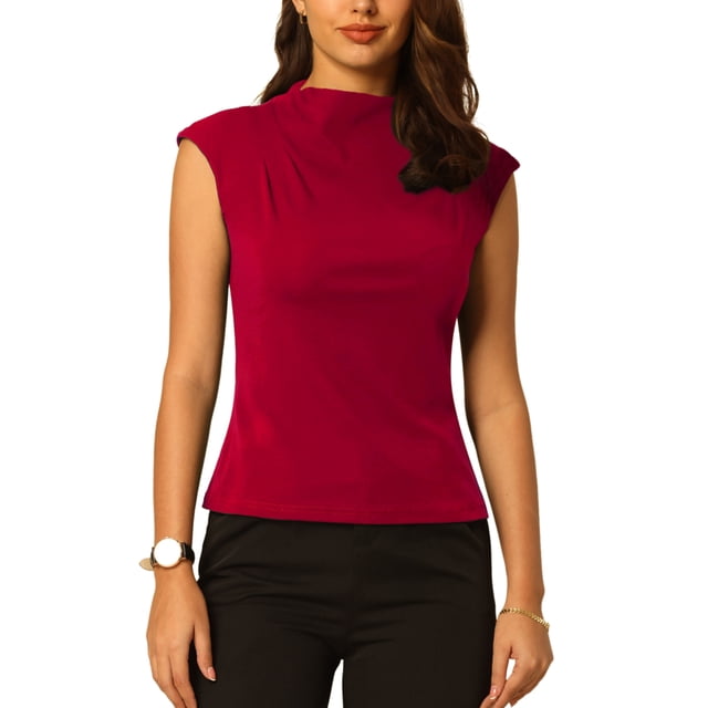 Blusa de Cuello Mock para Mujeres Inspire Chic, Básica, de Manga Corta, Tejida, Color Rojo Vino