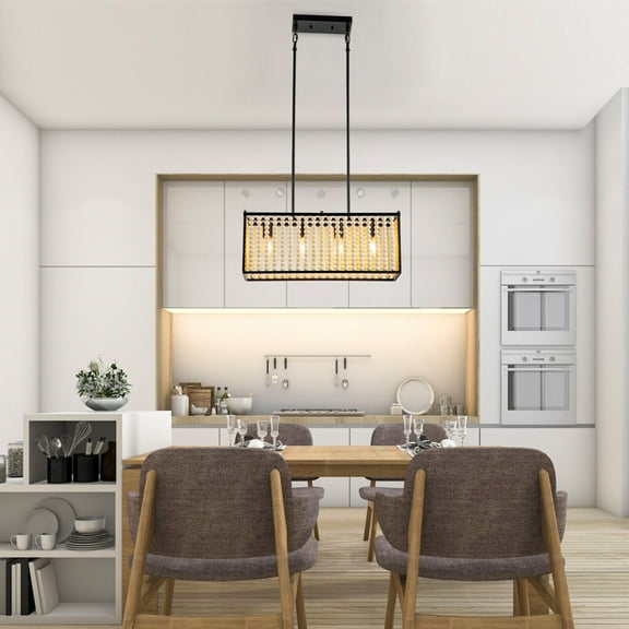 4 Lights Boho Style Wood Bead Chandelier Pendant Light Hanging Lamp Fixture E26
