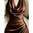 thumbnail image 4 of Brown Satin Halter-Neck Bodycon Mini Dress With Ruched Waist And Cowl Neckline, 4 of 5
