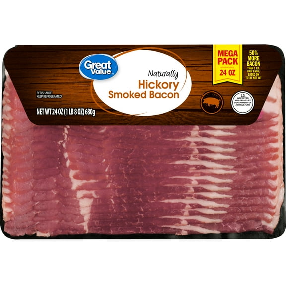Great Value Hickory Smoked Pork Bacon, Mega Pack, 1.5 lb