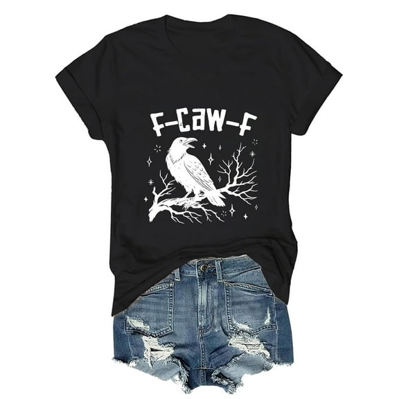 T Shirts for Women Funny Crow Black Bird Graphic Crewneck Short Sleeve Tops Summer Beach Vacation Casual Loose Basic Tees
