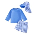 thumbnail image 2 of FAOWME Toddler Baby Boys Swimwear 3 Piece Long Sleeve Round Neck Top And Plaid Print Swim Shorts Hat Comfortable Stylish Swimsuit Sets For Beach Pool,Blue,18-24 Months, 2 of 6
