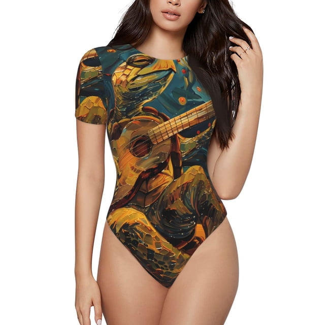 Bingfone Motif Guitare Nuit Étoilée Justaucorps à Col Rond pour Femmes, Manches Courtes à Boutons-Pression, Adapté pour Fête, Sports, Usage Quotidien-TG