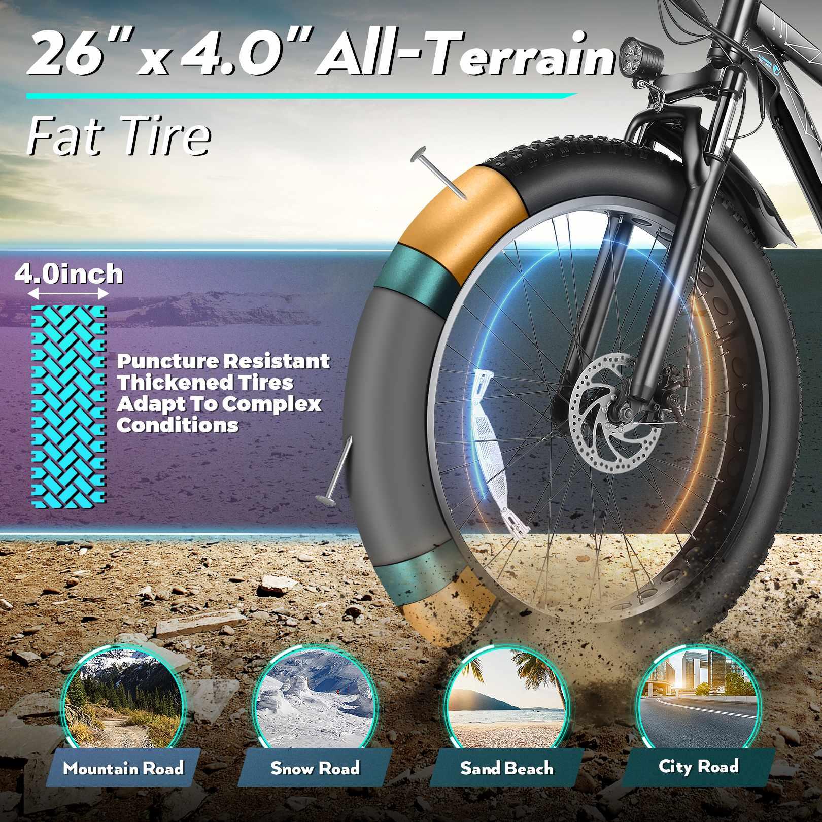 Gocio 26" 4.0 Fat Tire Electric Bike for Adults, 500W Adults E Bike, 48V 13Ah Removable Li-Ion Battery, Professional 7-Speed, Electric Mountain Bicycle Beach Bike Snow Bike Ebike for Men, UL2849 - image 5 of 11