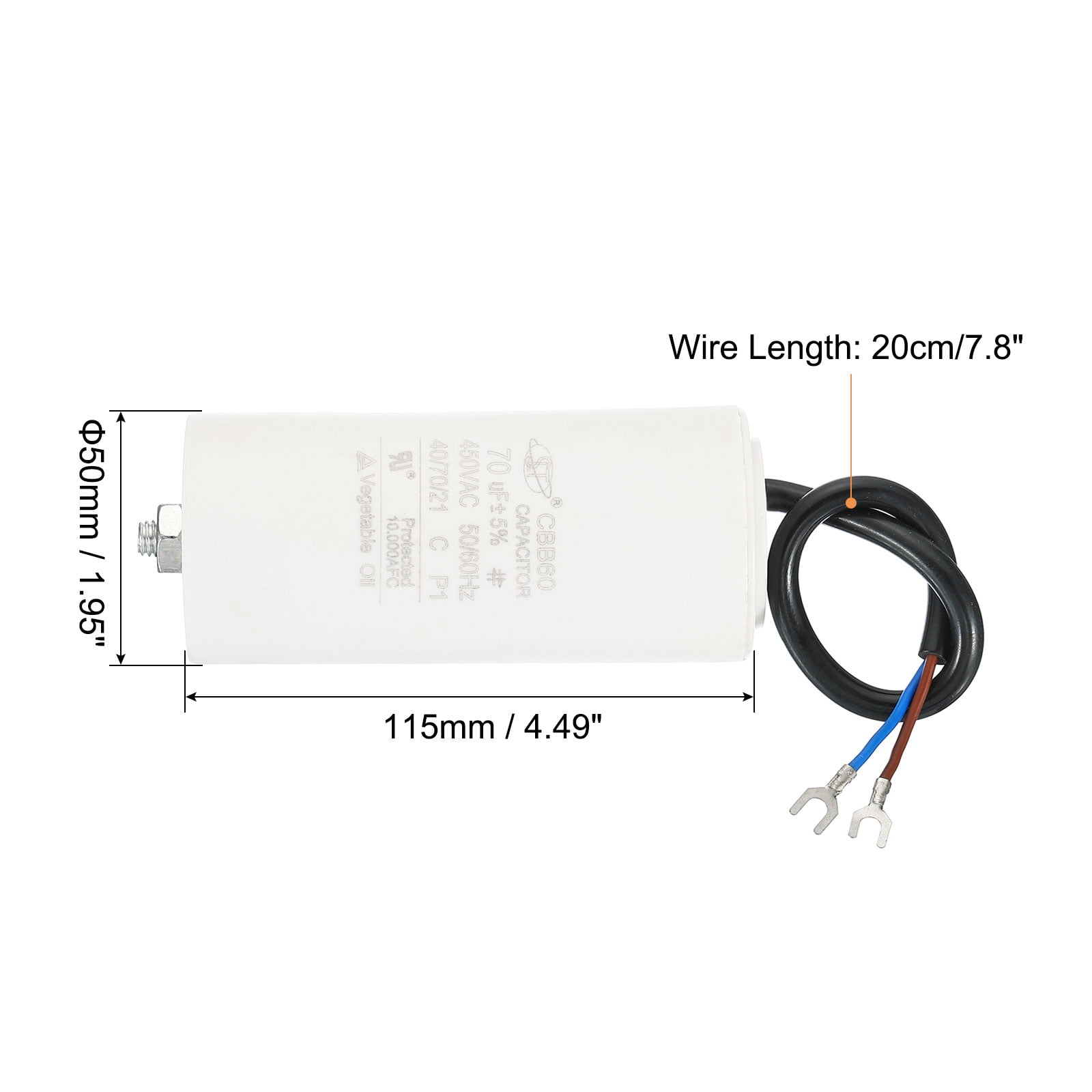 Uxcell CBB60 70uF Run Capacitor,2Pcs AC450V 2 Wire 50/60Hz Cylinder with Screw 115x50mm