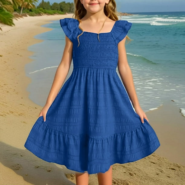 girls cotton summer dresses Loopsun Girls Summer Dresses, Children's and Girls' Solid Cotton and Round Neck Short Sleeve Dress with Drawstring Blue 9-10 Years