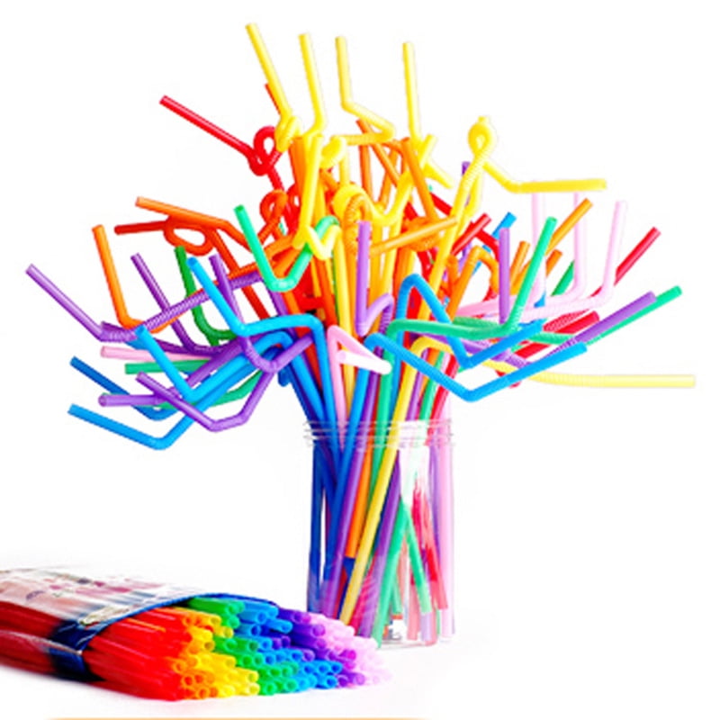 100Pcs/Pack Multi-Color Flexible Disposable PP Plastic Drinking Straws BPA-Free - 10' Long for Cold-Drink Shops Bar Parties