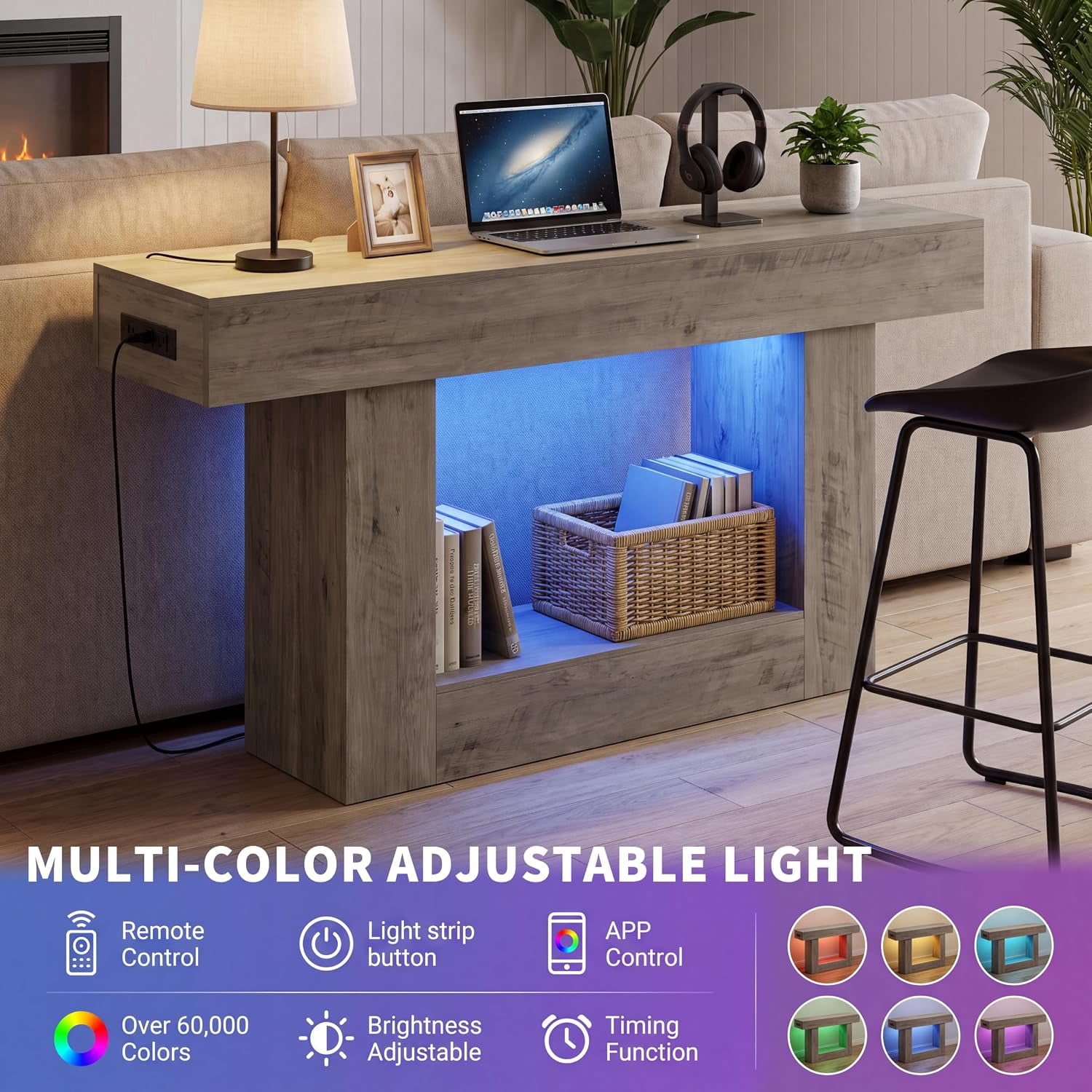 55” Entryway Table with Charging Station & LED Light, Narrow Sofa Table for Hallway Living Room, Modern Farmhouse Console Table with Storage Shelf, Gray