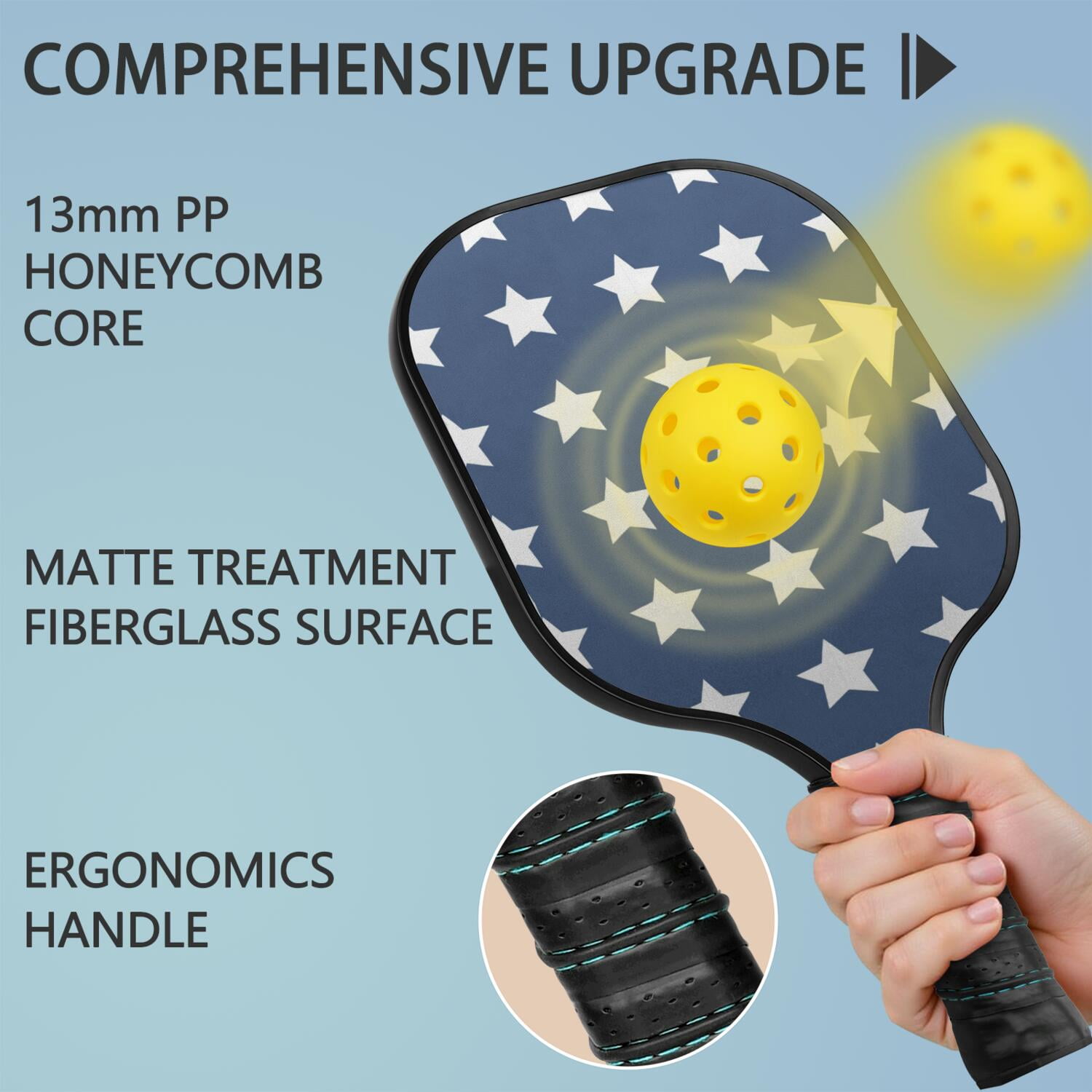 Pickleball Paddles Set Of 1, Fiberglass Surface, USA, Star Print, 1 Paddle, 2 Balls & Bag