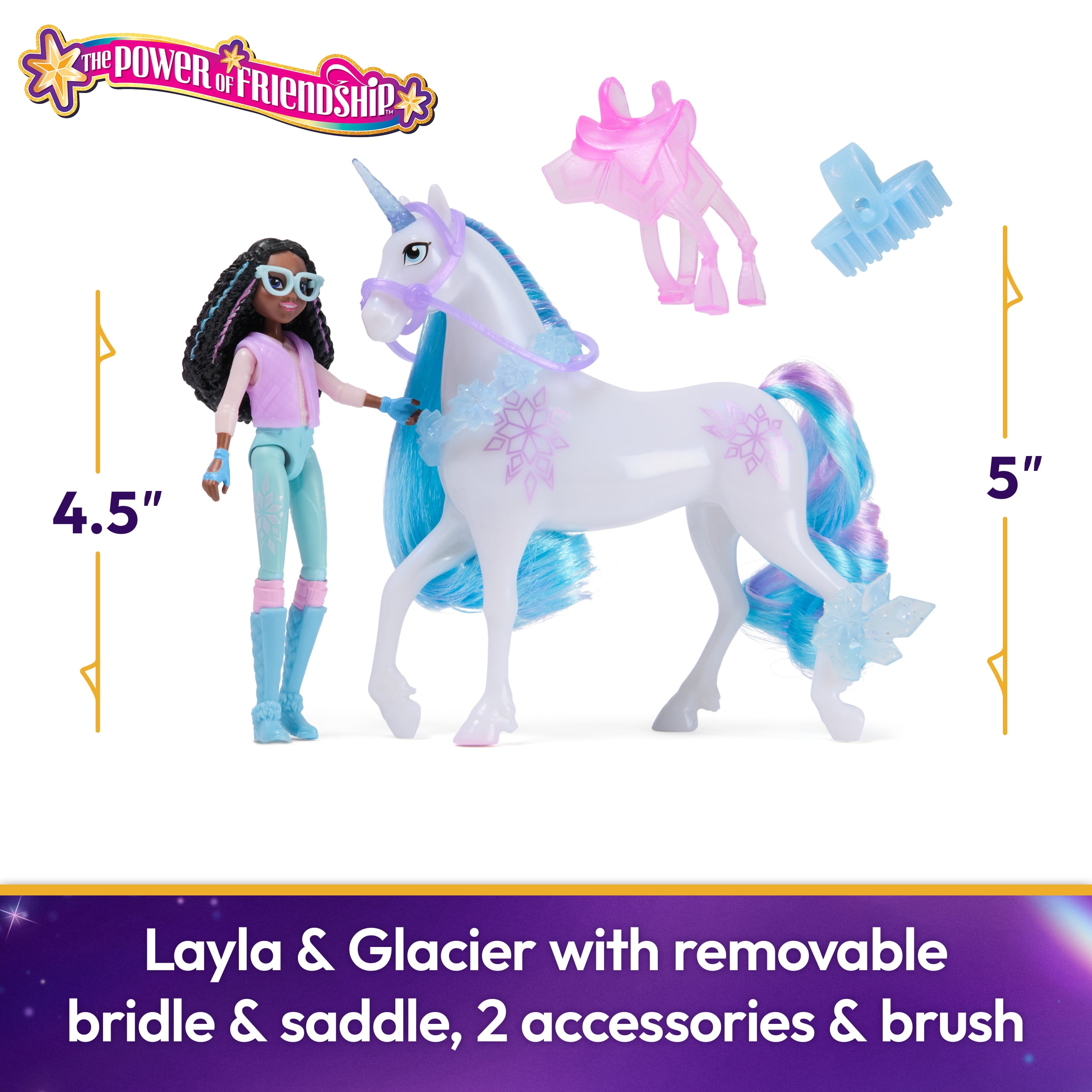 Unicorn Academy, Coffret Layla & Glacier Power of Friendship avec selle et 2 accessoires de pouvoir translucides, poupées et licornes pour filles à partir de 4 ans