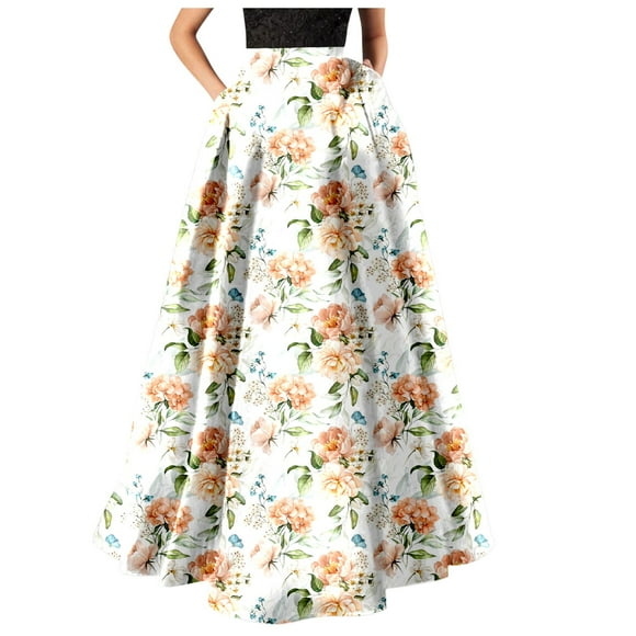 Women Bohemian Floral Print Maxi Skirt High Waist Pocket Party Beach Long Skirt