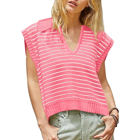 ZHUGeLI Stripe Summer Sweaters For Women V Neck Knit Cap Sleeve Tops Sleeveless Spring Clothes Up to 50% off