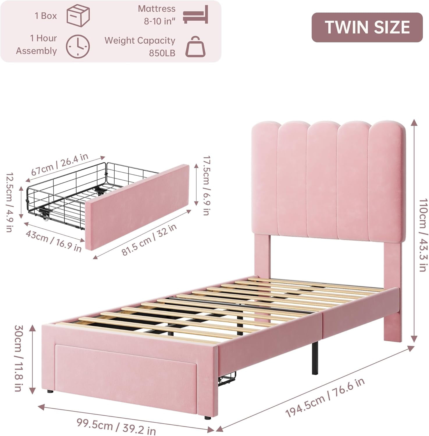 Homhougo Twin Bed Frame with Storage Drawer and Headboard, Velvet Upholstered Twin Platform Bed Frame for Girls, Strong Wooden Slats Support, Noise-Free, Easy Assembly (Pink)