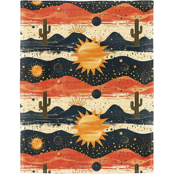 Desert Sun Cactus Blanket, Western Rustic Farmhouse Decor, Super Soft Fleece Throw Blankets for Couch Sofa Bed, 50" x 60"