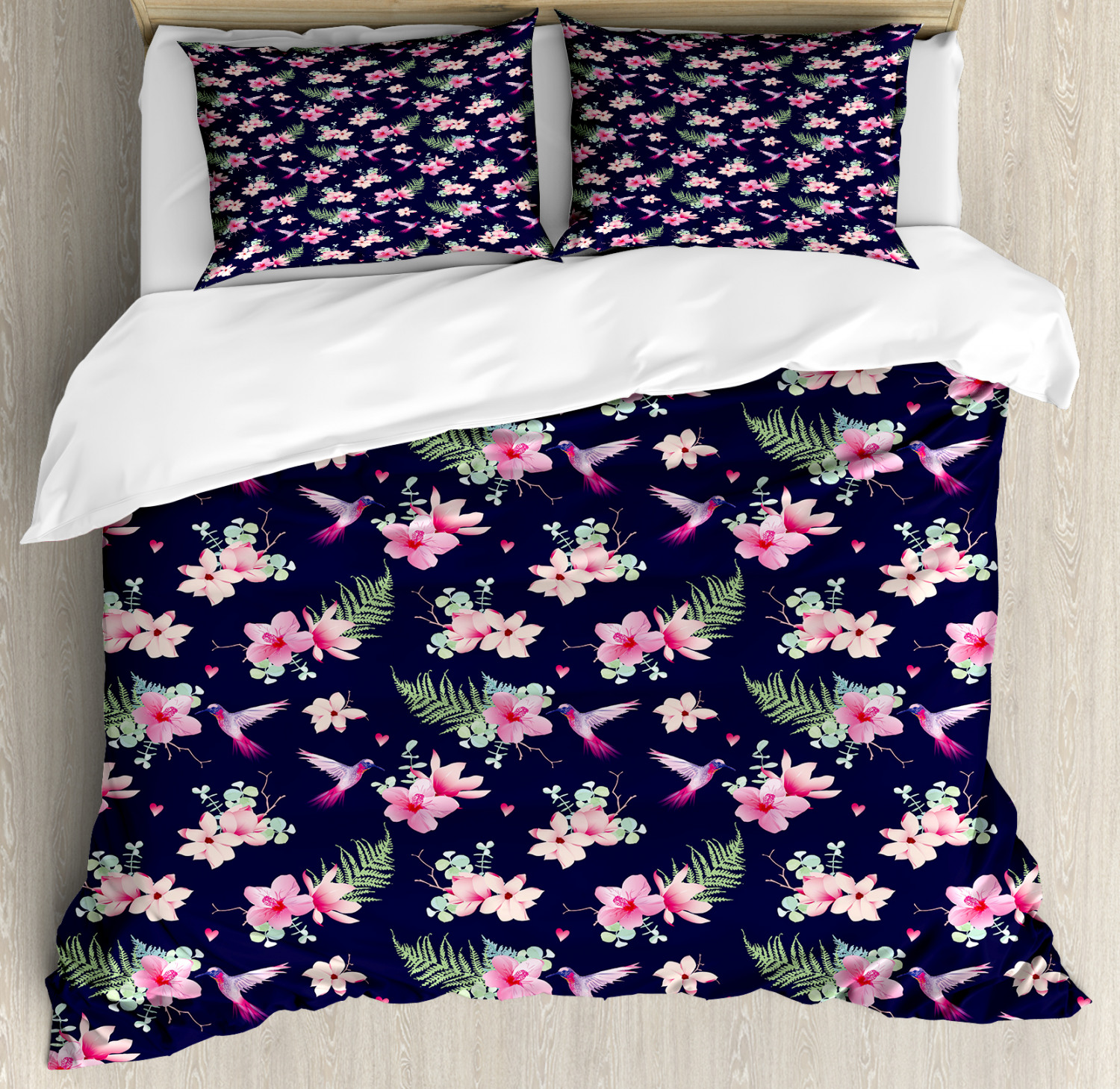 Navy and Blush Queen Size Duvet Cover Set, Tropical Flower ...