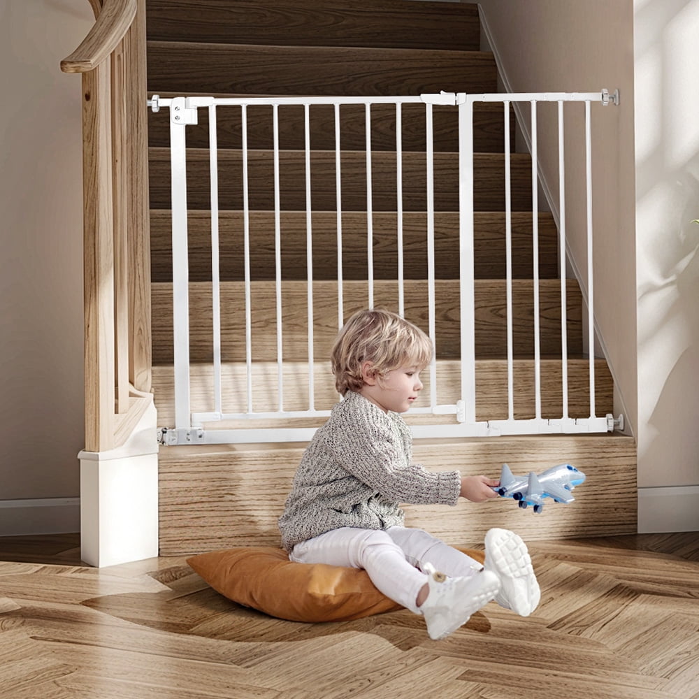 Pet Gate, Domipet 29.5"-43.3" Extra Wide Safety Pet Gate for Stairs Doorways, Top of Stairs, White
