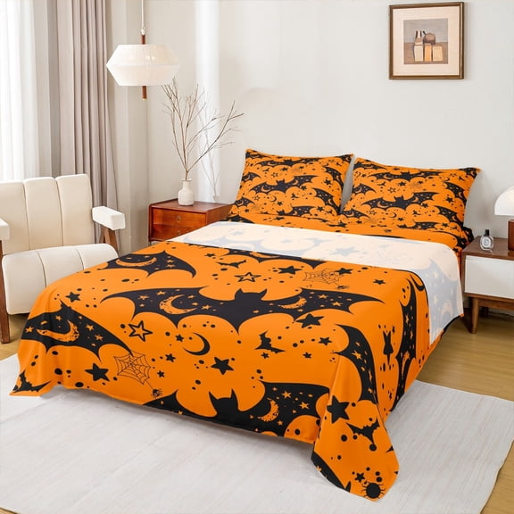 jejeloiu Spooky Halloween Bat Twin Sheet Sets,Trick Or Treat Twin Fitted Sheet,Black Spider Webs Flat Sheet For Children,Microfiber Bedroom Decor,3pcs