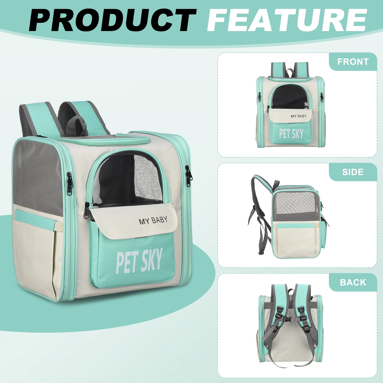 Uxcell Cat Backpack Carrier, Large Space & Breathable, Pet Hiking Travel Backpack for Cats or Small Dogs Puppies, Intended for Hiking / Camping / Traveling (Mint Green, 13"x11"x15")