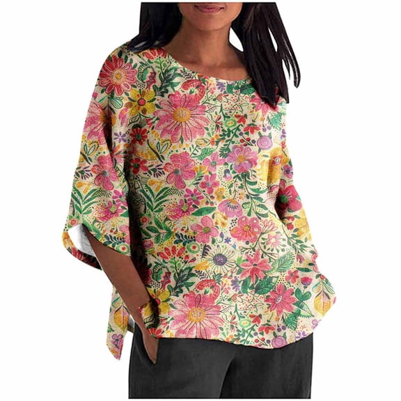 3/4 Length Sleeve Womens Tops 2026 Floral Print Vintage Casual Loose with Round Neck Plus Size Shirts