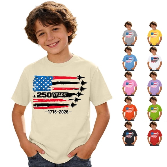 Huowey Casual Graphic Tee For Boys Kids Independence Day Celebrate 250 Years Tops Short Sleeve Round Neck Lightweight Comfortable Basic Tees Fashionable 1776-2026 Anniversary Tshirts,6-7 Years