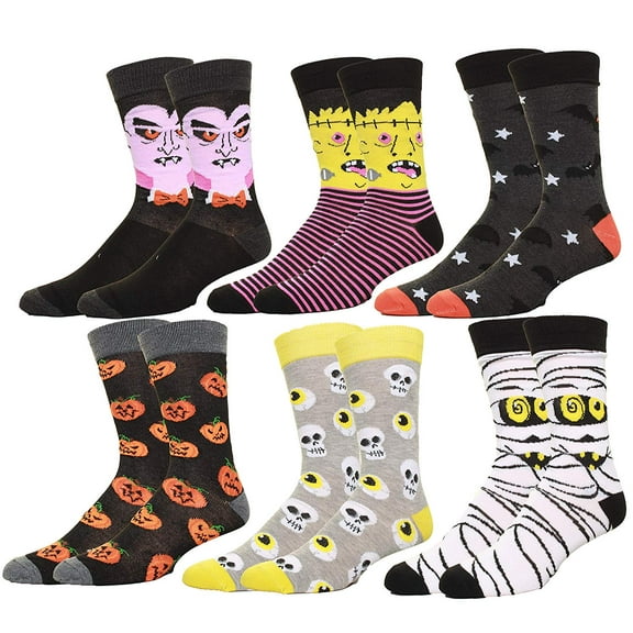 Men's Halloween Pumpkins Bats Zombie Faces Casual Dress Socks 6 Pack