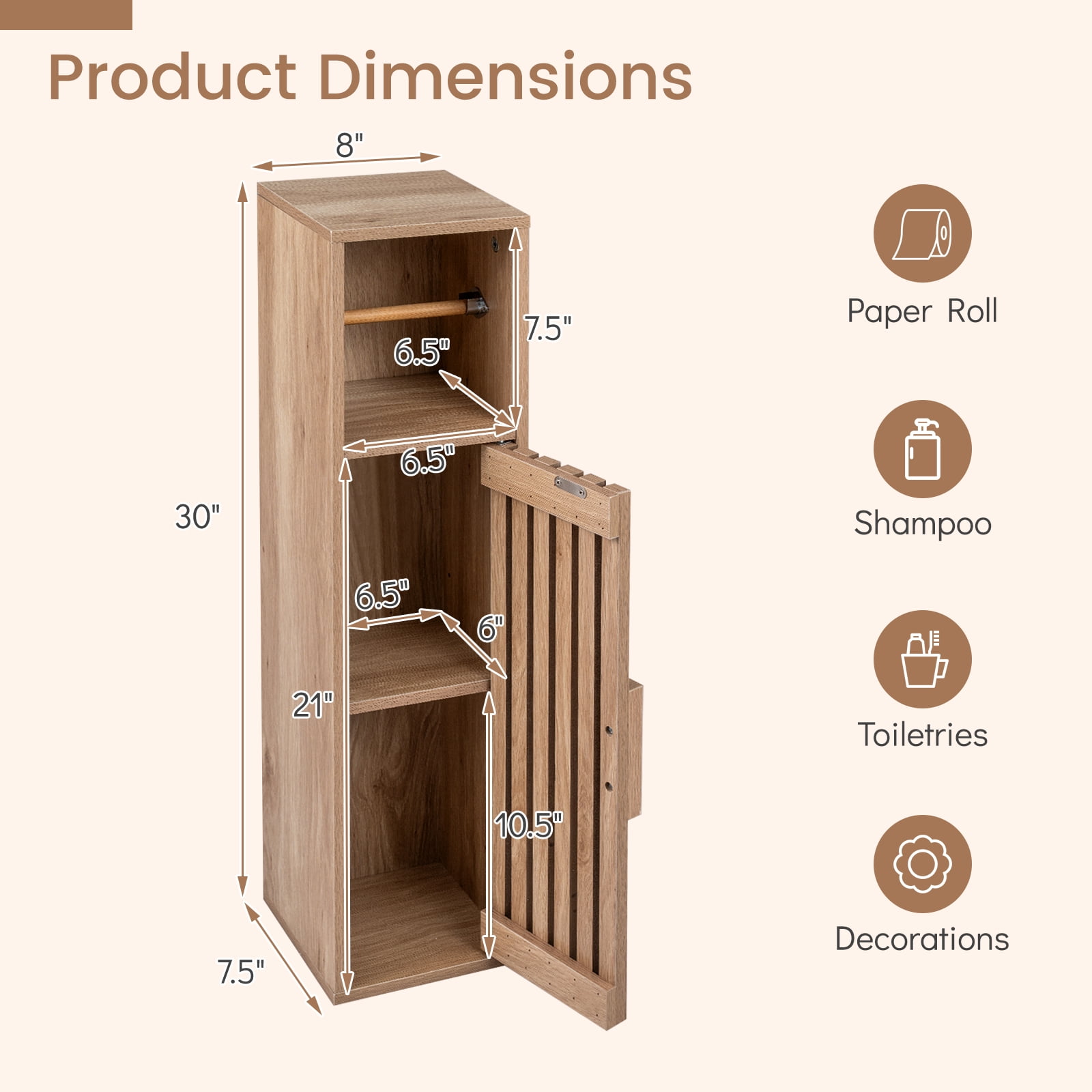 Costway Slim Bathroom Cabinets, Freestanding Toilet Paper Holder Stand with Door,Natural