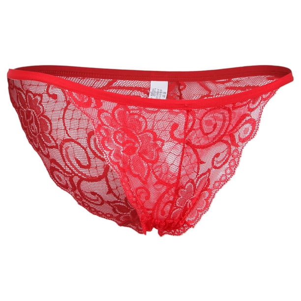 Tanga de encaje floral transparente para mujer, lencería, color negro, como se describe rojo