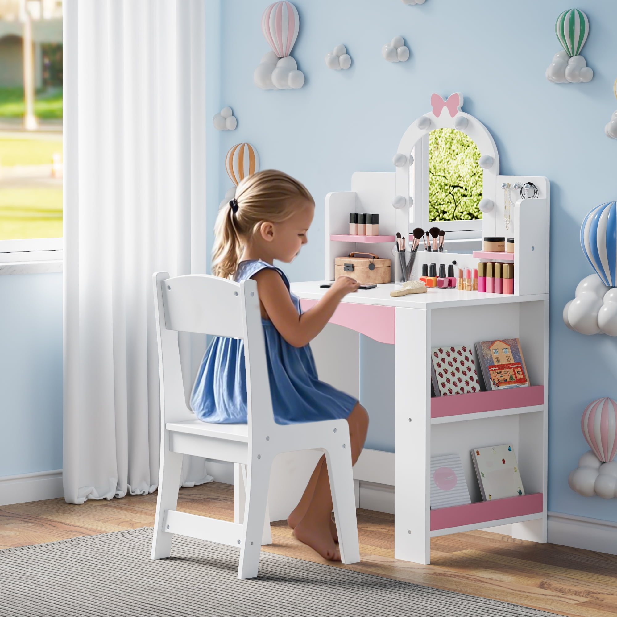 Reasea 1 Piece Kids LED Lights Vanity Desk Table Set White