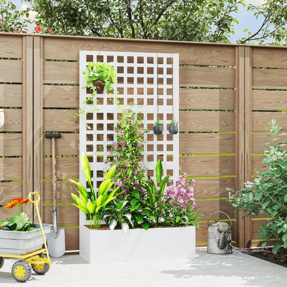 Outsunny Galvanized Raised Garden Bed with Trellis and Drainage Holes for Climbing Plants, Vegetable, Vines, 35" x 16" x 70", White