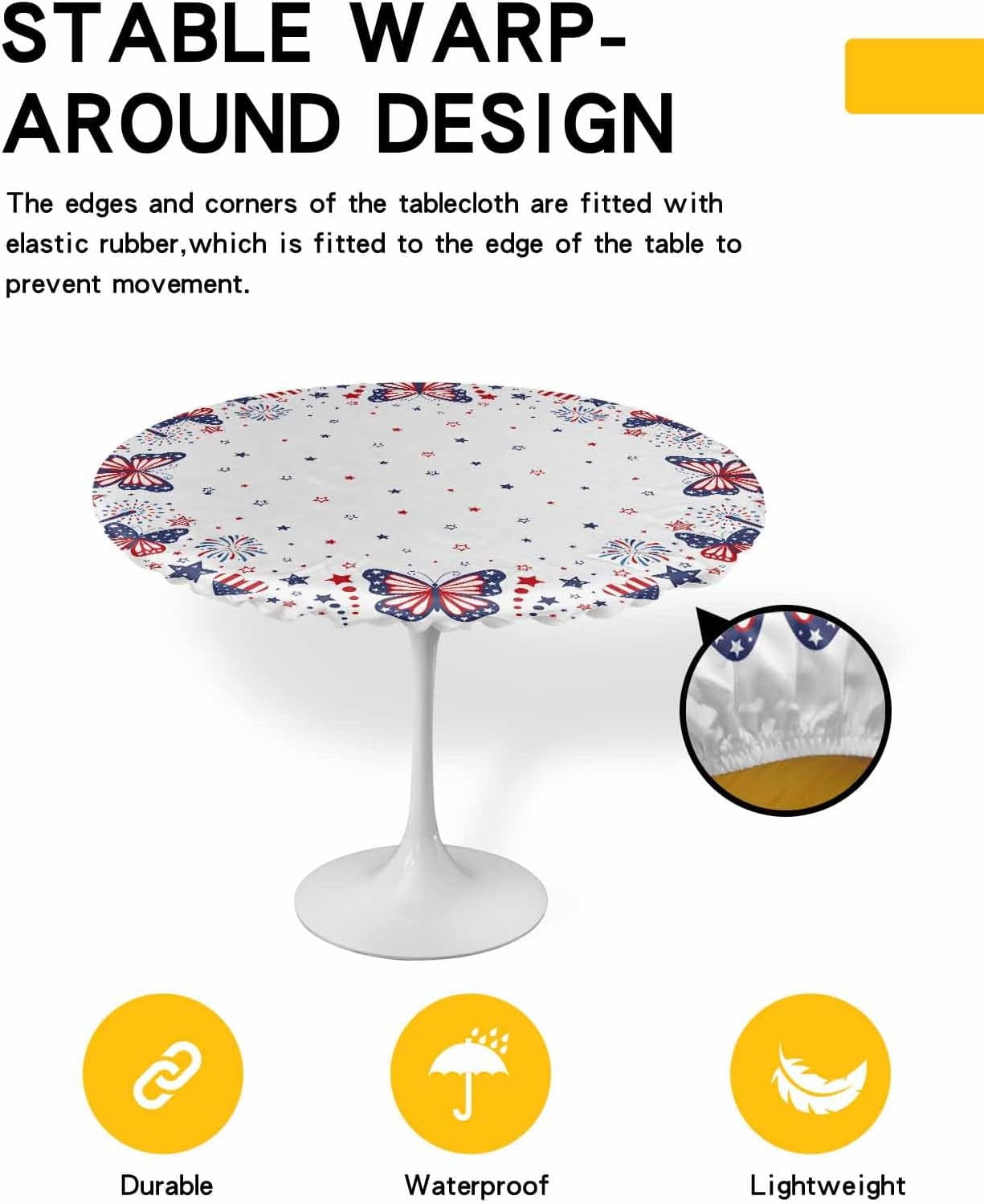 Independence Day Round Tablecloth Fitted Table Cover, Elastic Tablecloths Waterproof Outdoor Indoor Stretch Cloth Tablecover for Dinner, Party, Shower, Stripes Stars Red Blue Watercolor 36-44IN