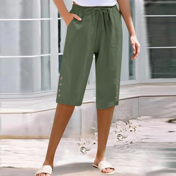 Green Women's Plus Size Pants, Women'S Cotton And Linen Pocket Elastic Casual Pants Women'S Pants Five Quarter Pants,Women's Plus Size Pants 3XL