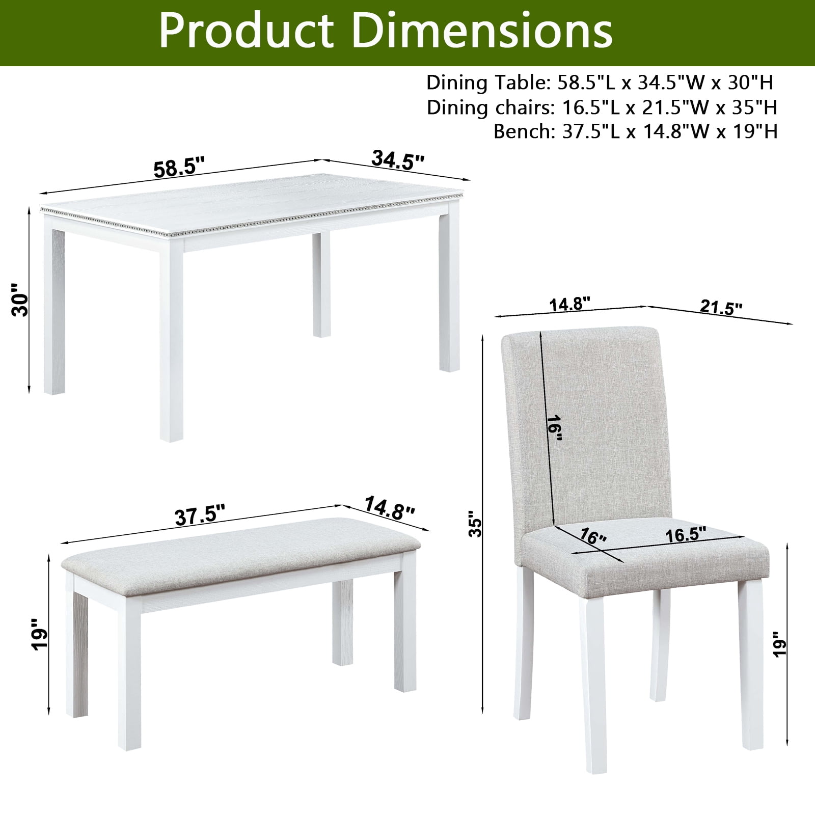 Aukfa Dining Table Set for 6, Rectangular Wood Kitchen Table W/ Crystal Decoration for Kitchen/Dining Room,White
