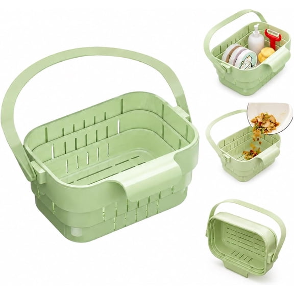 Foldable Hanging Kitchen Sink Drain Basket, No-Drill Hanging Kitchen Drain Rack with Handle, Food Catcher and over Basin Colander for Fruit Vegetable Washing, Sponge Soap Storage(Green)M